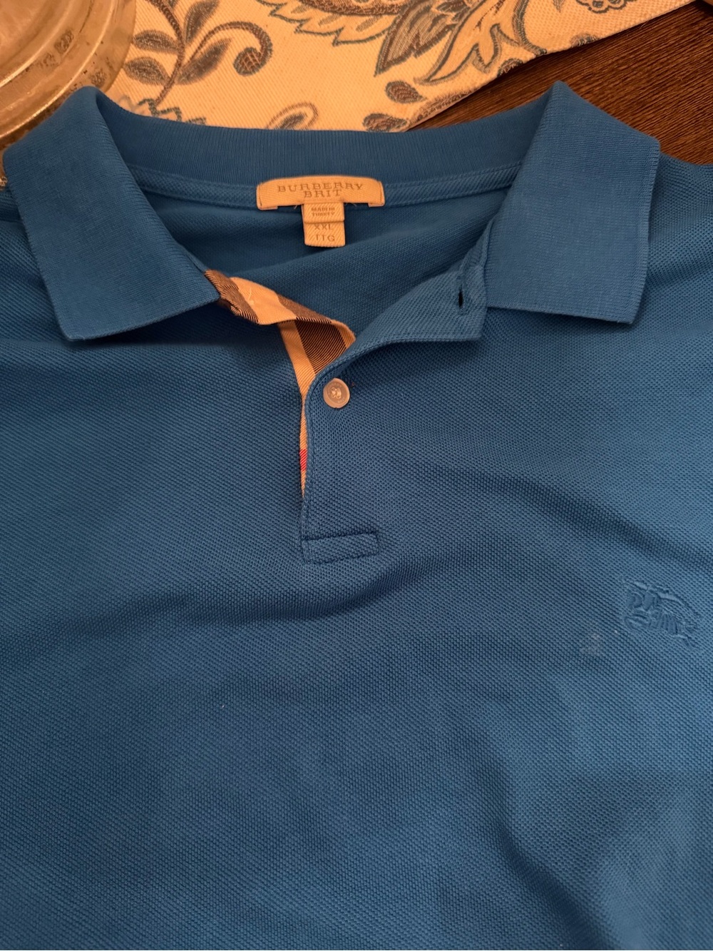 Burberry Blue Men’s Polo with Signature Check Trim EUC